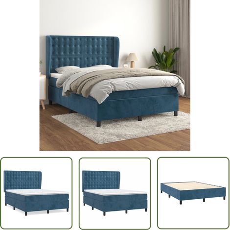 The Living Store Sommier à lattes de lit et matelas Bleu foncé 140x200cm Velours - Lit Double - Lit Velours - Lit Design - Literie - Chambre À Coucher (1/5)