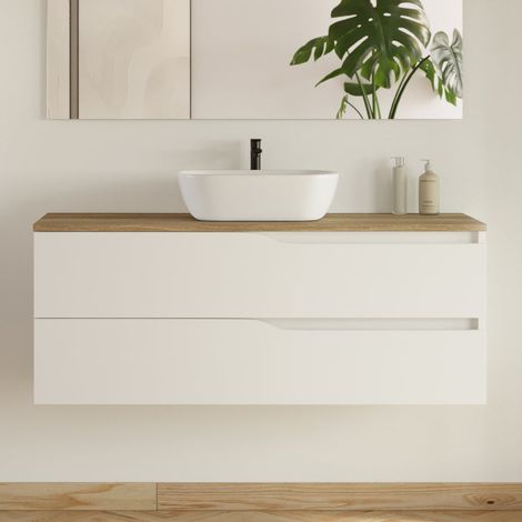 Meuble de salle de bain 120cm avec plateau miel et vasque à poser zeus - 2 tiroirs - sans miroir - blanc - LUNA (1/5)