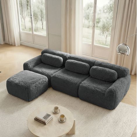 Sofá modular en L gris de felpa sin estructura con cojines y base antideslizante (1/5)