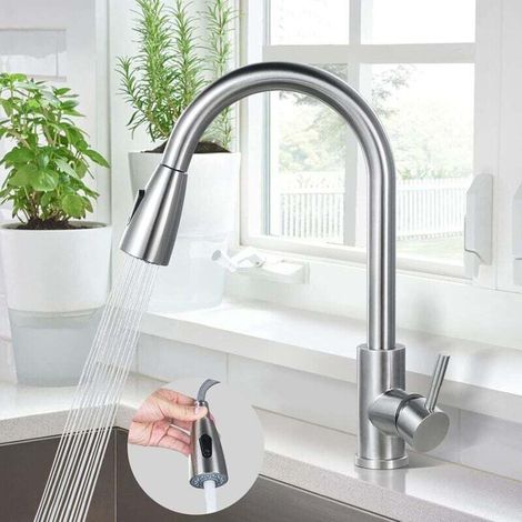 FOREHILL Küchenarmatur, Spültischarmatur aus Edelstahl 304, zwei Wasserauslaufmodi, 360° schwenkbare Spültischarmatur mit Ausziehbrause und zwei Zulaufrohren