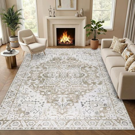 Tapis Salon 160x230cm Beige Marron Tapis Lavable en Machine Vintage Tapis Chambre Poil Court Doux Antidérapant pour Salon Chambre à Coucher Salle a Manger (1/5)