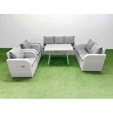 Fimous PE Rattan Garden Furniture Set Outdoor Rectangular Dining Table Sofa Set with Reclining Chair Side Table Light Grey (1/4)