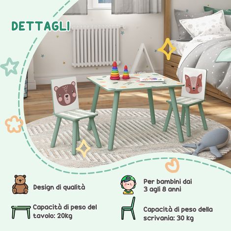 Set table et chaises enfant 3-8 ans en pin vert et MDF, 3 pièces mobilier pour enfants (1/5)