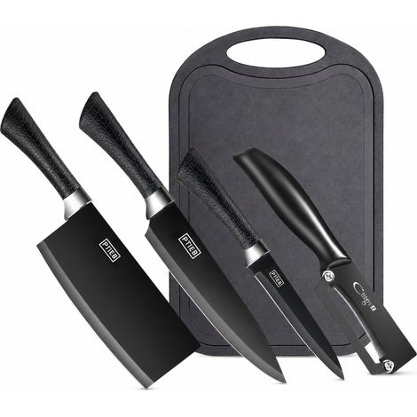 Set de Couteaux de Cuisine Noirs en Acier Inoxydable Revêtu de Titane avec Éplucheur et Planche, 5 Pièces (1/5)