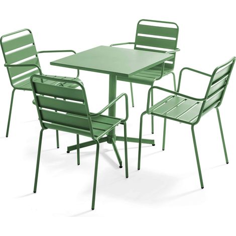 Ensemble table de jardin et 4 fauteuils en métal vert cactus - Palavas (1/5)