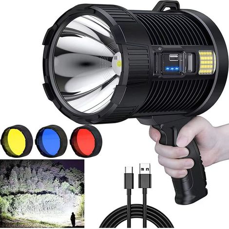 Lampe Torche Led Ultra Puissante Rechargeable Grande 100 000 lumens,, Grosse Piles Portable Lampe de Poche , IPX5 Étanche,6 Modes d'éclairage & Zoomable pour Camping/Randonnée/Urgence [Classe énergét (1/5)