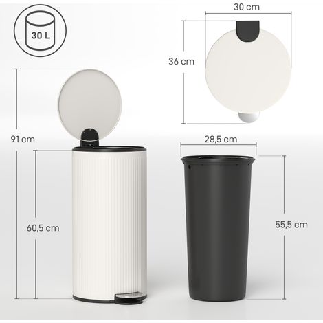 Poubelle à pédale de 30 L avec couvercle à fermeture amortie et pédale, bac intérieur en métal, noire, 36 x 30 x 60,5 cm (1/5)