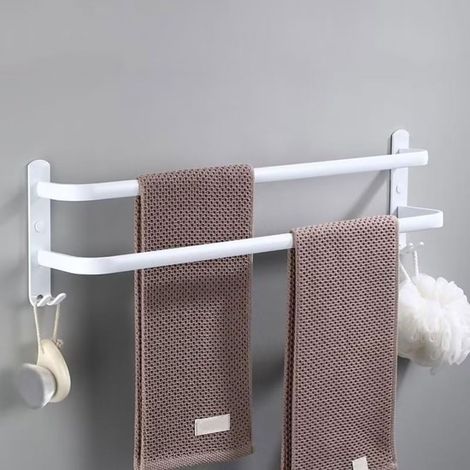 Ulisem Porte-serviettes mural blanc à 2 niveaux, barre porte-serviettes de 61 cm, porte-serviettes en aluminium avec 2 crochets, pour salle de bain, hôtel, cuisine (1/5)