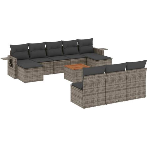 Set de sofás de jardín 11 pzas y cojines ratán sintético gris vidaXL (1/5)