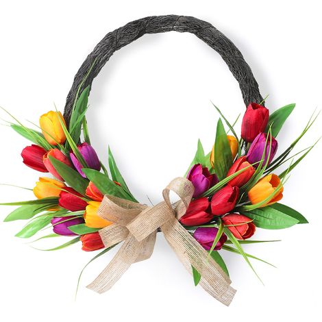Couronne de fleurs artificielles 40 cm, décoration printemps-été pour porte d'entrée, intérieur et extérieur, anneau en plastique orange, rouge et violet (1/5)