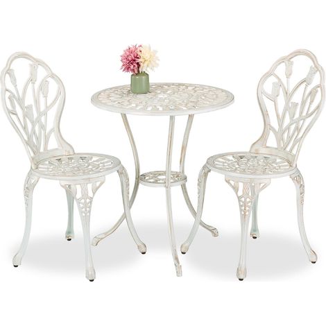 Relaxdays Salon de Jardin, pour 2 Personnes, Table avec 2 chaises, Fonte d'aluminium, Design Charmant, Blanc et Bronze (1/5)