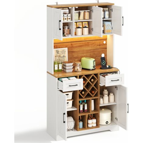 Buffet de cuisine haut avec LED RGB, rangements modulables, casier à vin, 2 tiroirs, prises USB et AC, MDF blanc et bois clair pour cuisine, salon et salle à manger - CHICFURN (1/5)