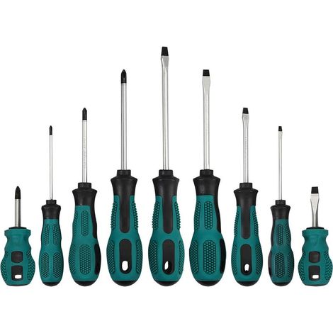 9-piece screwdriver set with Phillips and slotted screwdriver, magnetic ring and screw storage mat. (1/5)
