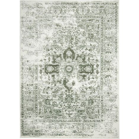 Tapis salon 160 x 225 cm, motif oriental vintage crème et vert, tissage soigné structuré, design élégant intemporel et raffiné