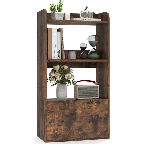 Bibliothèque marron rustique autoportante à 3 niveaux avec tiroir et rebords renforcés pour salon, bureau et cuisine (1/5)