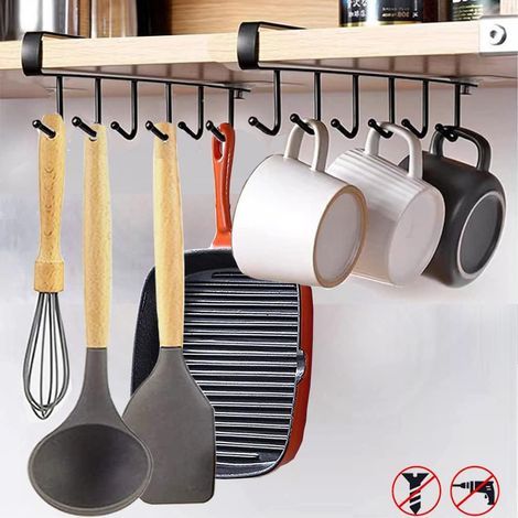 2pcs ensemble crochet de rangement ustensiles de cuisine sangles de lacet et écharpes pendentif crochet inférieur sans perçage (noir) (1/5)
