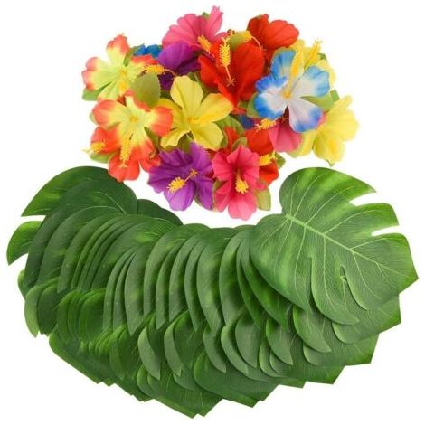 QORVA-60 pièces artificielles de Feuilles de Palmier Tropical et de Fleurs d'hibiscus Tropicales, décoration de thème hawaen pour Mariage, décorations de fête sur la Plage de la Jungle-Fei Yu