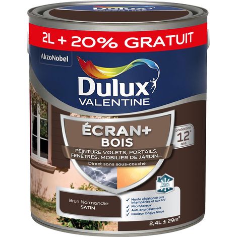 ECRAN+ BOIS - Peinture satinée pour bois extérieur - Volets, portes, fenêtres, portails - Brun Normandie 2 L + 20% gratuit - Dulux Valentine