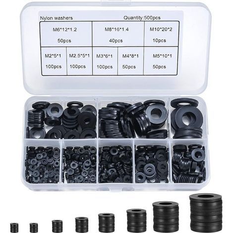 500 Pièces Rondelles Plates Nylon Noir, Rondelles Plates Isolation Rond Joint Spacer Joint Plomberie Assortiment Kit- M2/M2.5/M3/M4/M5/M6/M8/M10 (1/5)