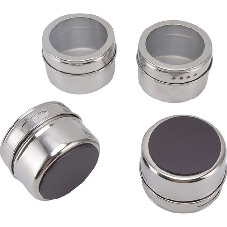 4 Pots à Épices Magnétiques en Acier Inoxydable avec Couvercles Transparents et Tamis (1/5)