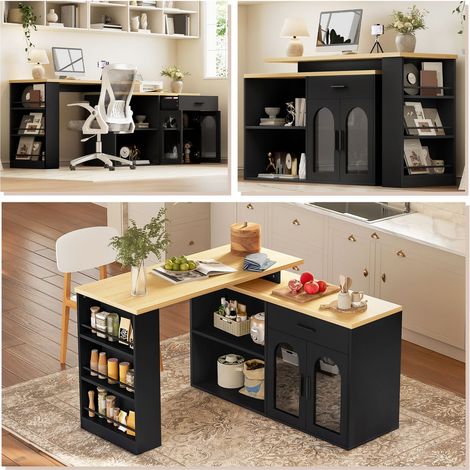 Îlot de Cuisine structure fixe table tournante à 360° armoire de rangement comptoir repas tiroir étagères bureau en L coloris noir (1/5)