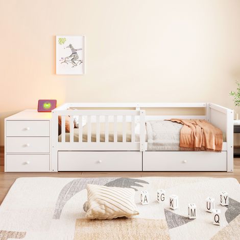 Lit 90x200 enfant avec rangement intégré, bureau, prise, LED, 2 tiroirs, étagères, barrière semi-ouverte, blanc (1/5)