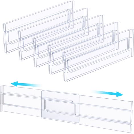 Lot de 6 séparateurs de tiroir réglables en plastique transparent pour chambre à coucher, vêtements, ustensiles de cuisine, salle de bain et bureau - 8,1 cm de haut - Extensible de 27,4 à (1/5)