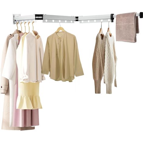 Séchoir à Linge Mural Pliable en 3 Parties, 125cm Étendoir à Linge Retractable Interieur, Tringle à Vêtements Extensible Peu pour Balcon, Buanderie, Salle de Bain, Caravane Extérieure(Blanc) (1/5)