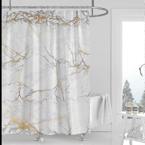 Rideau de douche imperméable effet marbre 183 x 183 cm, blanc doré craquelé, 12 crochets inclus (1/5)