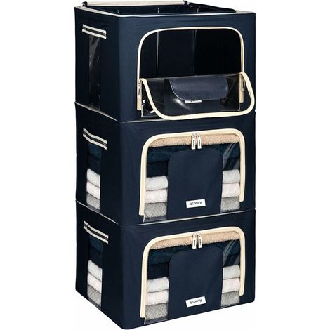 Sac de Rangement Vêtements avec Fermeture Éclair - Housse de Rangement pour Couette, Draps - Stable – Boîtes de Rangement Vêtements Empilables avec Cadre Métallique - Pliables - 3x66L (1/5)
