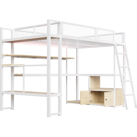 Lit mezzanine gaming en métal 140 x 200 cm avec bureau intégré, LED et rangements, blanc (1/5)