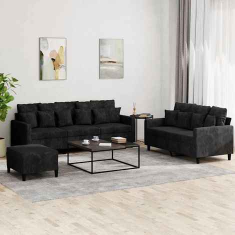 Ensemble canapé 3 pièces avec coussins, velours noir, 2 et 3 places avec repose-pied, 55.85kg - PANGIVO (1/5)