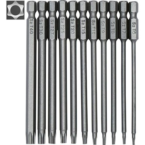 Jeu De 11 Embouts Torx Long 1/4" T6-T40 100mm pour tournevis et visseuse électrique