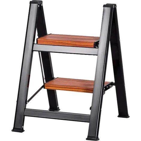 Escalera de dos peldaños, fabricada en aluminio ligero, con peldaños antideslizantes, color negro. (1/2)