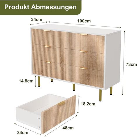 Kommode mit 6 Schubladen, Holz Sideboard mit Metallfüßen, Weiß Naturholz (1/5)