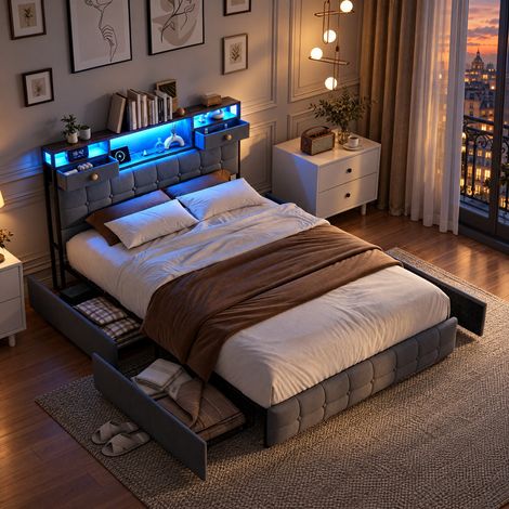 JOOKGBD–Polsterbett Doppelbett 160x200 cm grau, 4 Schubladen mit Stauraum, LED und USB, Kopfteil mit Ablagefach, stabiler Metallrahmen, für Jugendliche und Erwachsene