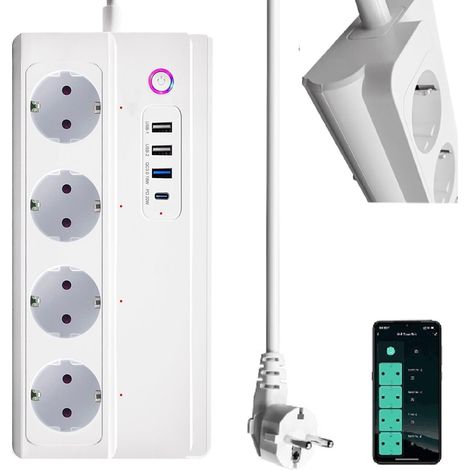 Multiprise Wi-Fi intelligente avec 4 prises 16 A, 3 ports USB et 1 port de type C, commutable individuellement, compatible avec Assistant, Smart Life, accès à distance, 1,5 (1/5)