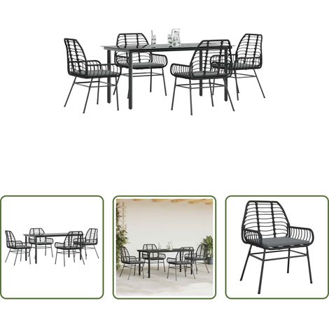 Gartentisch - 5-tlg. Garten-Essgruppe mit Kissen Schwarz Poly Rattan Glas (1/5)