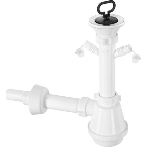 Bonde d'évier, 2 robinets d'appareil, vidage en inox 80 mm, bouchon avec poignée, DN40/32, blanc (1/2)