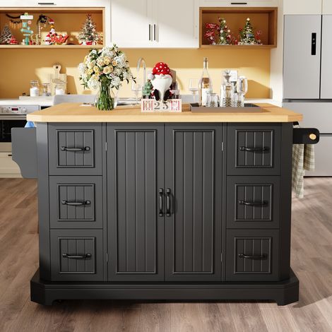 Desserte de cuisine mobile-enroulable-6 tiroirs-2 portes-plan bois-noir-142x45/75,5x91cm (1/5)