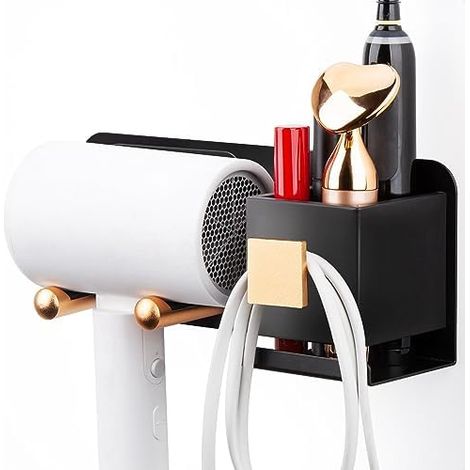 CSPARKV 23x7x9.5cm Hair Dryer Holder Black Gold, Space Aluminum Hair Dryer Holder Wall Mounted No Drilling, Multifunctional Hair Dryer Holder with Storage and Rope Circle for Hotel Bedroom Bathroom (1/5)