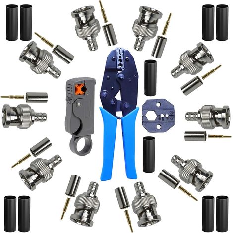 Kit Sertissage BNC RG58-10 Connecteurs Mâles à Sertir + Sertisseur + Matrices Interchangeables + Dénudeur Coaxial + Tubes Thermorétractables - Pour CCTV, Radio Amateur et Installations AV (1/5)