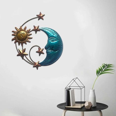 Décoration murale en métal soleil lune – Sculpture 3D en fer forgé – Finition or et bronze – Résistante aux intempéries – Pour intérieur et extérieur (1/5)