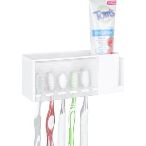 Multifunctional Self-Adhesive Toothbrush Holder, Wall-Mounted Toothbrush Holder with Lid, Toothpaste and Toothbrush Storage Box for Bathroom (White) 18.5x6x7CM (1/5)