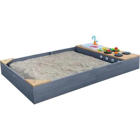Axi Kelly Bac À Sable En Bois Avec Banc Et Jeux De Cuisine Avec Évier  180 X 115 Cm  Bac À Sable Pour Enfants En Gris Claire Et Brun