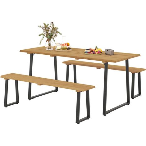 Ensemble de salle à manger 3 pièces en bois – Pour 6 personnes, table avec 2 bancs et trou pour parasol, dimensions 178 x 76 x 77 cm, finition bois naturel – Repas conviviaux en extérieur (1/5)