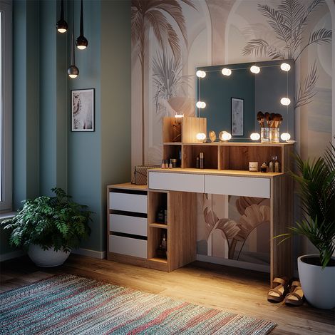 Tavolo da toeletta Anja, Bianco/Sonoma, 139.8 cm con illuminazione a LED, Vicco