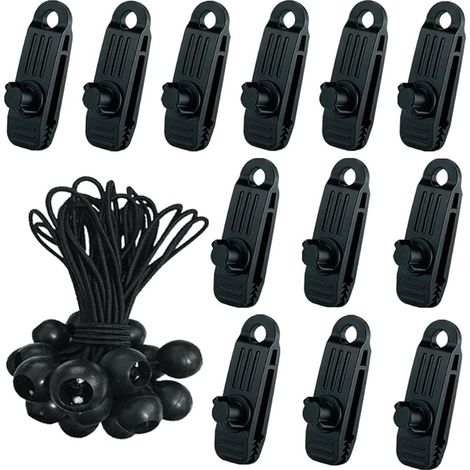 24 Pcs Clip de Tente Bâche avec 12x Pince pour bache et 12x Tendeur Corde Elastique, Pince a oeillet pour bache Camping Accessoires pour Tentes, bache Piscine, Bâches, Auvents, Gazebos Tente (1/5)