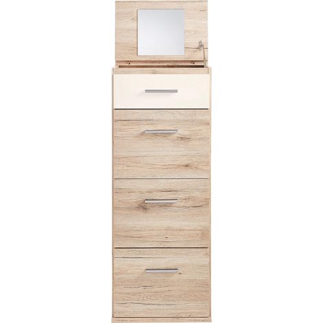 Chiffonnier avec miroir coloris Imitation chêne San Remo, rechampis blanc - Longueur 46 x Hauteur 121 x Profondeur 40 cm -PEGANE- (1/4)
