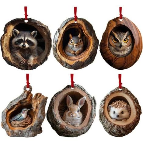 Set mit 6 Acryl-Weihnachtsdekorationen in Form von Eule und Waschbär, 2D-Anhänger in Form von Eichhörnchen und Waschbär